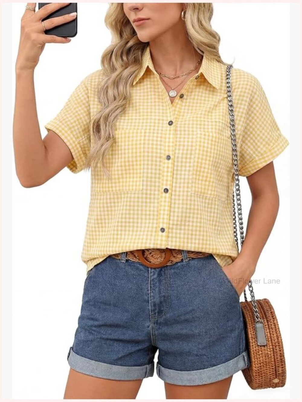 Short Sleeve Button Down Blouse with Pockets Summer Work Top
